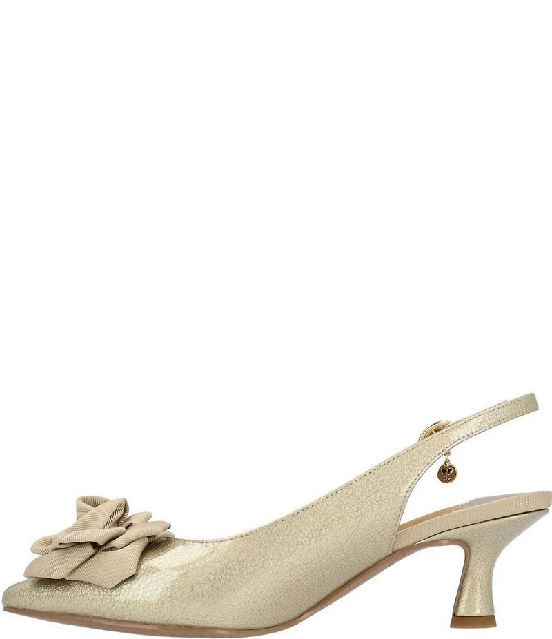 J. Renee Kendry Patent Grosgrain Flower Slingback Kitten Heel Pumps