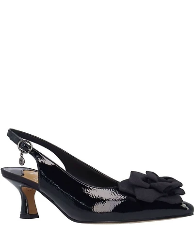 J. Renee Kendry Patent Grosgrain Flower Slingback Kitten Heel Pumps