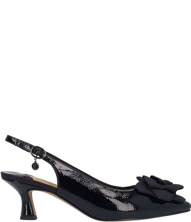 J. Renee Kendry Patent Grosgrain Flower Slingback Kitten Heel Pumps