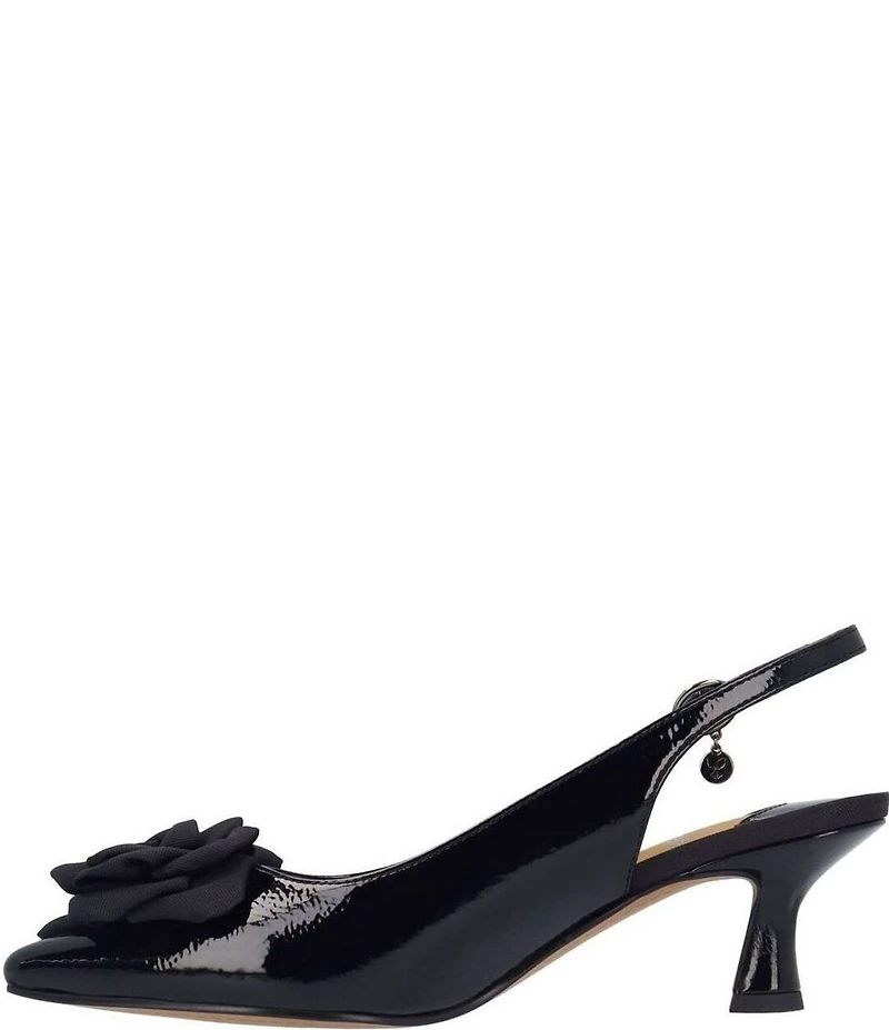 J. Renee Kendry Patent Grosgrain Flower Slingback Kitten Heel Pumps