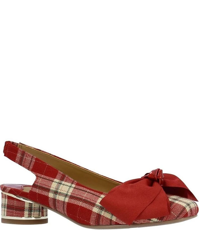 J. Renee Lazule Tartan Plaid Slingback Block Heel Bow Pumps