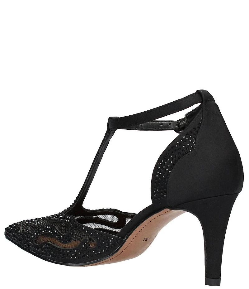 J. Renee Lisha Satin And Mesh Rhinestone T-Strap Pumps