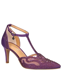 J. Renee Lisha Satin And Mesh Rhinestone T-Strap Pumps