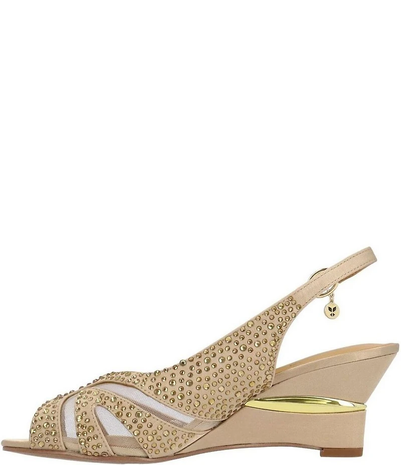 J. Renee Lovela Rhinestone Satin Mesh Slingback Wedge Peep Toe Pumps