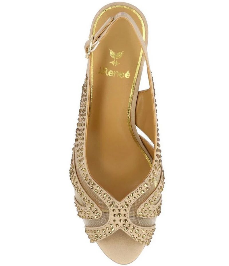 J. Renee Lovela Rhinestone Satin Mesh Slingback Wedge Peep Toe Pumps