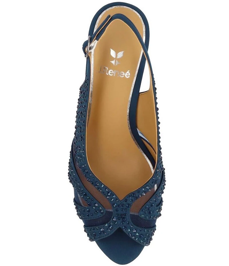 J. Renee Lovela Rhinestone Satin Mesh Slingback Wedge Peep Toe Pumps