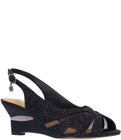 J. Renee Lovela Rhinestone Satin Mesh Slingback Wedge Peep Toe Pumps