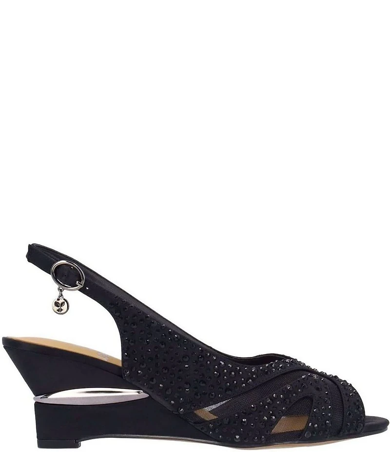 J. Renee Lovela Rhinestone Satin Mesh Slingback Wedge Peep Toe Pumps