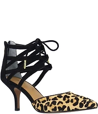 J. Renee Milina Suede and Leopard Print Calf Hair Ankle Lace Up Dress Pumps