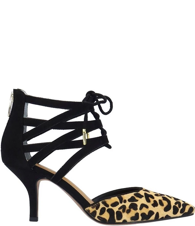 J. Renee Milina Suede and Leopard Print Calf Hair Ankle Lace Up Dress Pumps