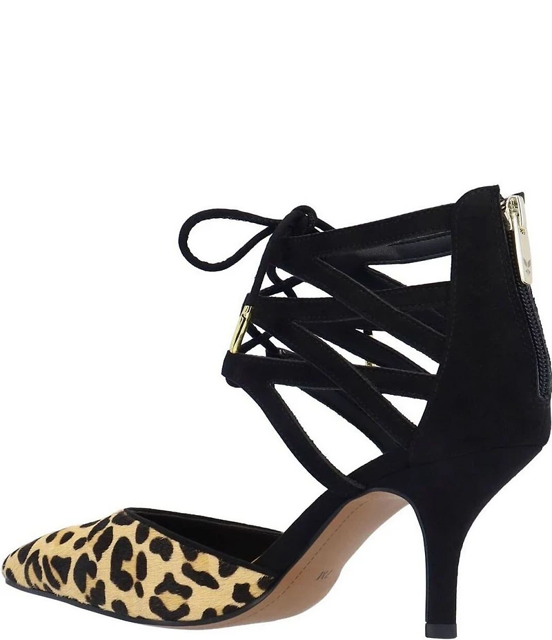 J. Renee Milina Suede and Leopard Print Calf Hair Ankle Lace Up Dress Pumps