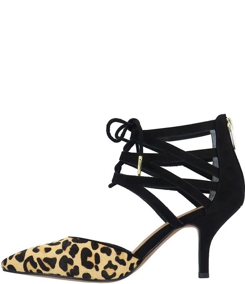 J. Renee Milina Suede and Leopard Print Calf Hair Ankle Lace Up Dress Pumps
