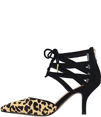 J. Renee Milina Suede and Leopard Print Calf Hair Ankle Lace Up Dress Pumps