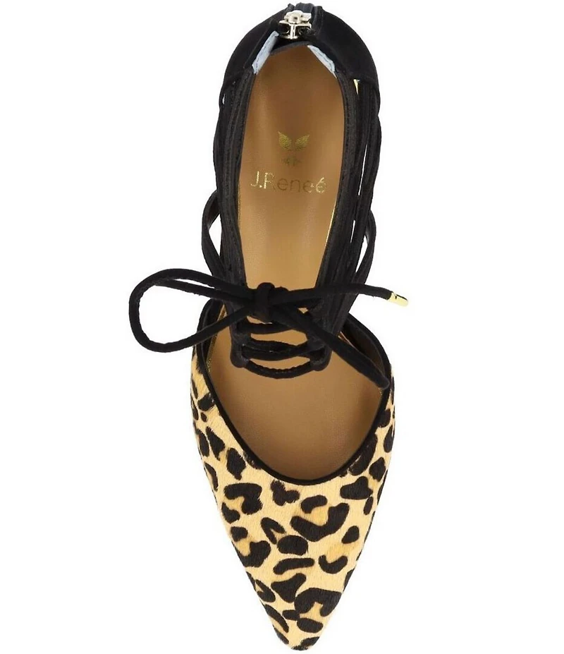 J. Renee Milina Suede and Leopard Print Calf Hair Ankle Lace Up Dress Pumps