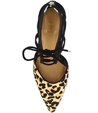 J. Renee Milina Suede and Leopard Print Calf Hair Ankle Lace Up Dress Pumps