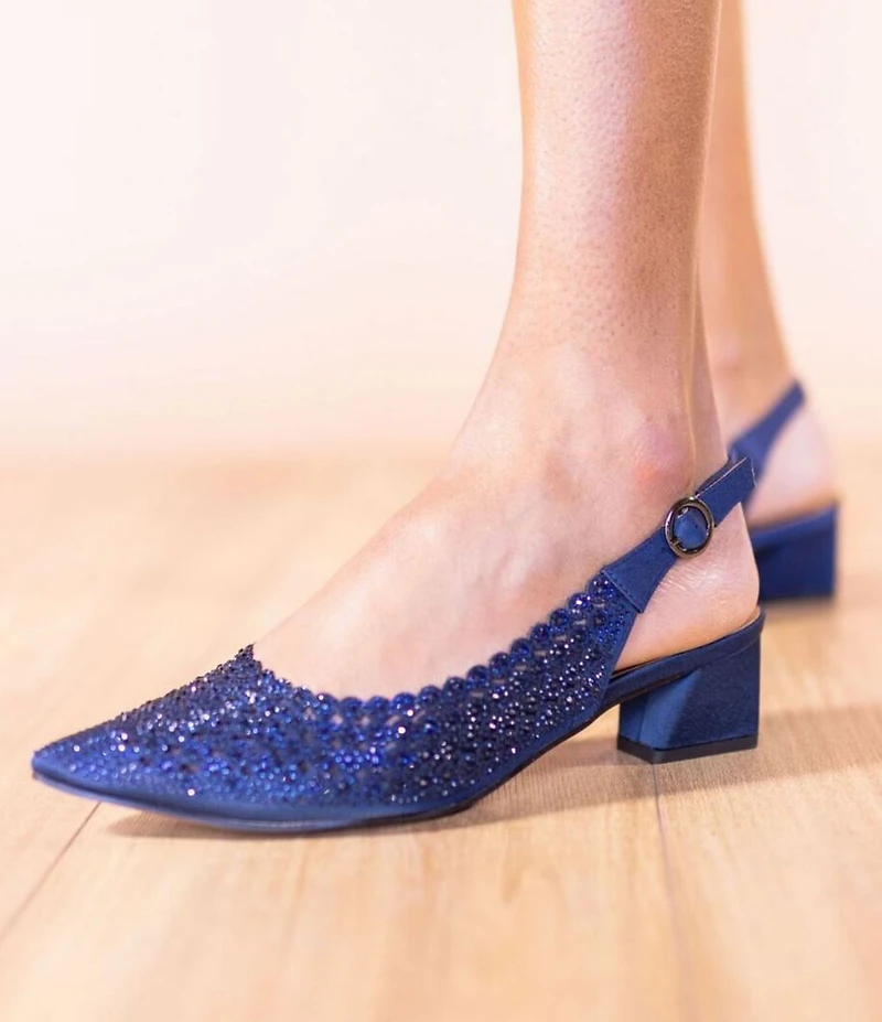 J. Renee Pranil Satin Rhinestone Block Heel Slingback Pumps