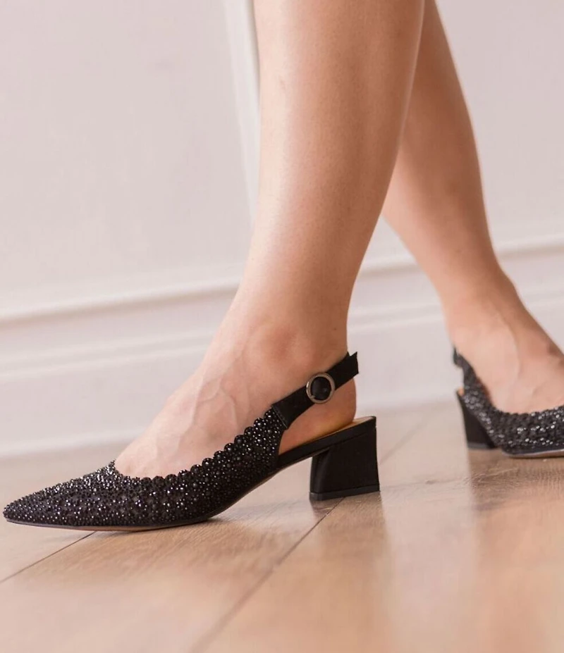 J. Renee Pranil Satin Rhinestone Block Heel Slingback Pumps
