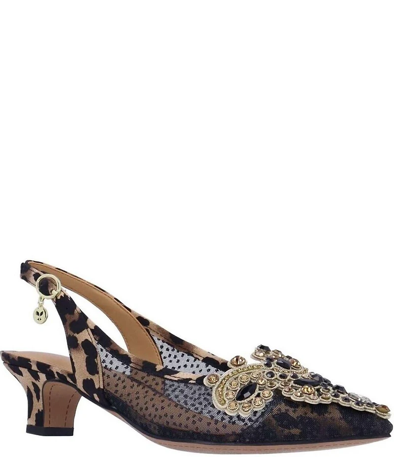 J. Renee Strovanni Leopard Print Mesh Rhinestone Ornament Slingback Pumps