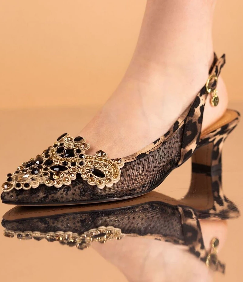 J. Renee Strovanni Leopard Print Mesh Rhinestone Ornament Slingback Pumps