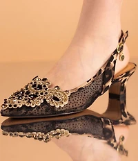 J. Renee Strovanni Leopard Print Mesh Rhinestone Ornament Slingback Pumps
