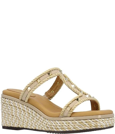 J. Renee Tavelle Rope and Pyramid Stud Platform Wedge Slide Sandals