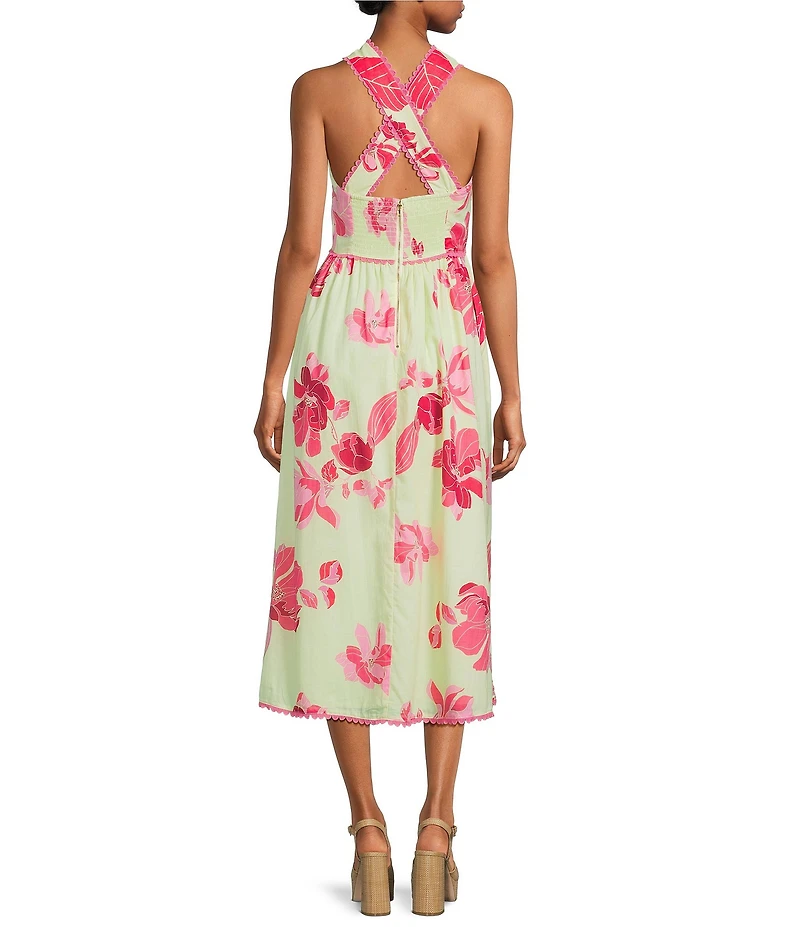 J.Marie Alara Floral Print Halter Sleeveless Scallop Trim Midi Dress
