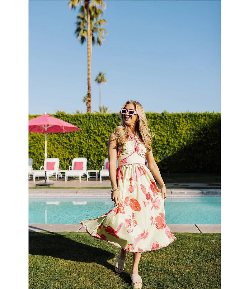 J.Marie Alara Floral Print Halter Sleeveless Scallop Trim Midi Dress