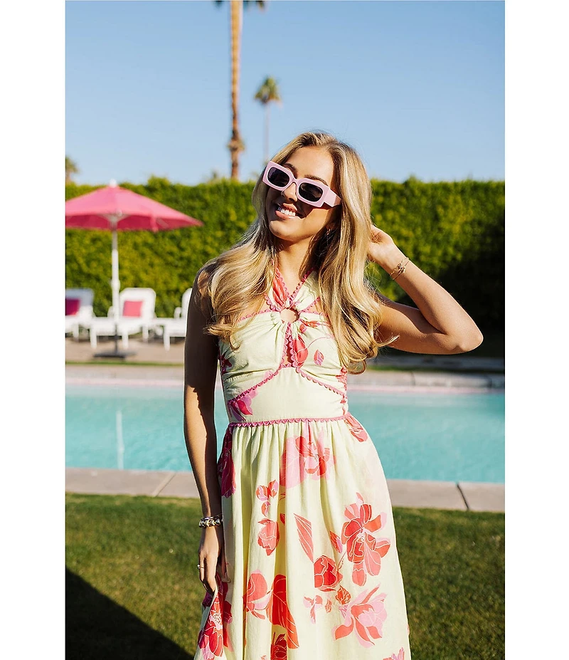J.Marie Alara Floral Print Halter Sleeveless Scallop Trim Midi Dress