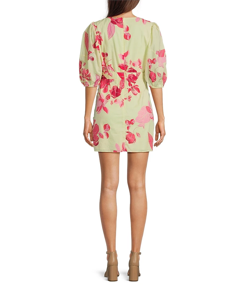 J.Marie Alara Floral Print Scoop Neck 3/4 Puff Sleeve Ruched Faux Wrap Dress