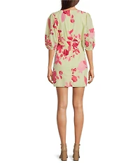 J.Marie Alara Floral Print Scoop Neck 3/4 Puff Sleeve Ruched Faux Wrap Dress