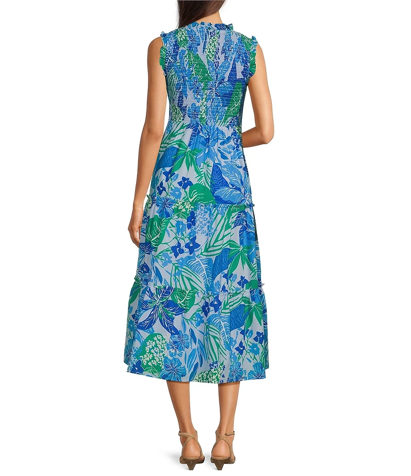 J.Marie Andie Round Neck Cap Ruffle Sleeve Smocked Ruched Tiered Midi Dress