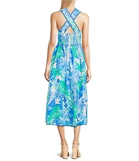 J.Marie Andie Tropical Leaf Print V-Neck Sleeveless Ric Rac Trim Midi A-Line Dress