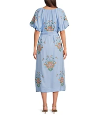 J.Marie Astrid V-Neck Puff Sleeve Embroidered Tie Midi A-Line Dress