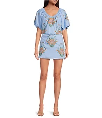 J.Marie Coordinating Astrid V-Neck Puff Sleeve Embroidered Top