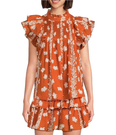 J.Marie Aubrey Woven Cap Sleeve Crew Neckline Coordinating Pleated Top