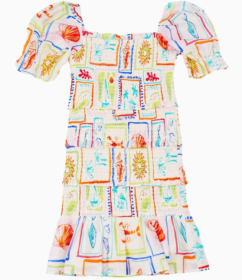 J.Marie Big Girls Lucia Beach Vibes Tropical Print Puff Sleeve Dress