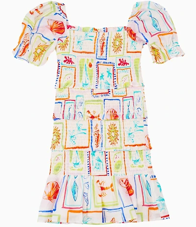 J.Marie Big Girls Lucia Beach Vibes Tropical Print Puff Sleeve Dress
