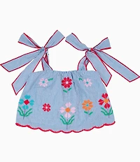 J.Marie Big Girls Tristen Tie Shoulder Embroidered Top