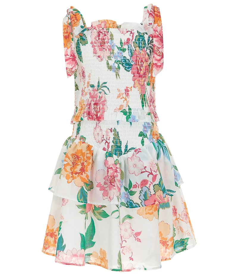 J.Marie Big Girls Elaine Floral Print Tie Strap Ruched Tiered Dress