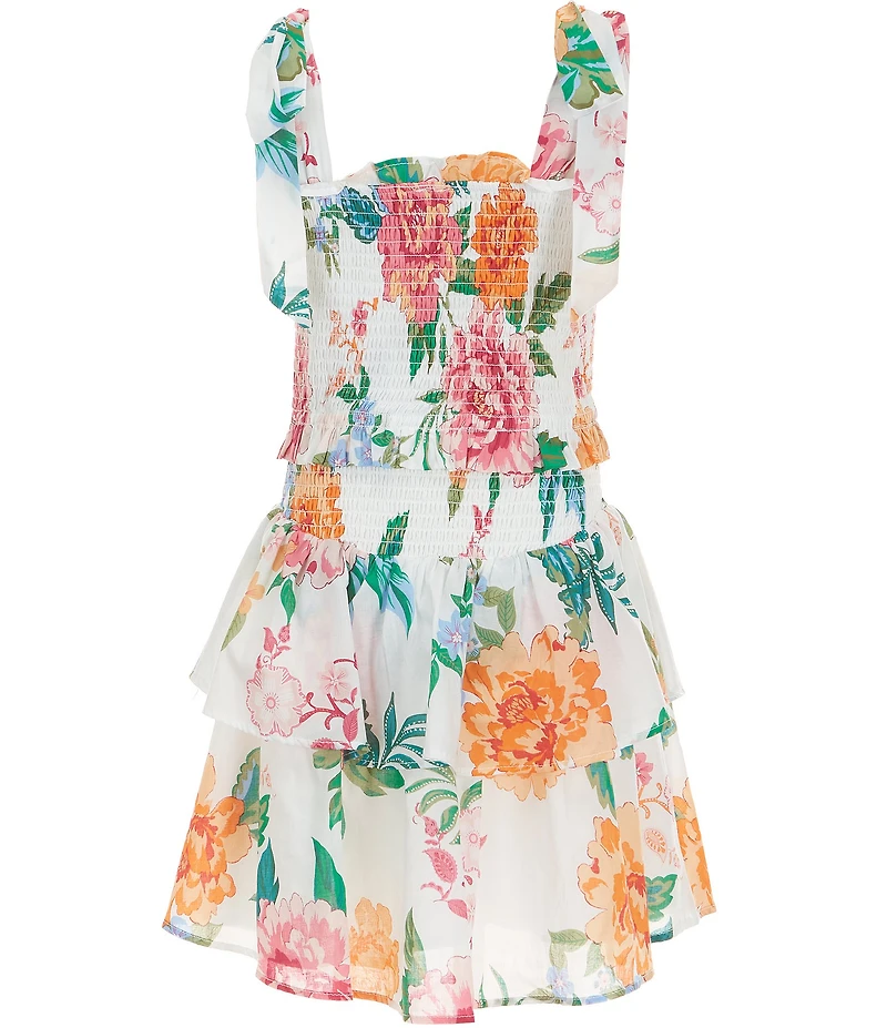 J.Marie Big Girls Elaine Floral Print Tie Strap Ruched Tiered Dress