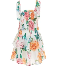 J.Marie Big Girls Elaine Floral Print Tie Strap Ruched Tiered Dress
