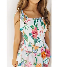 J.Marie Big Girls Elaine Floral Print Tie Strap Ruched Tiered Dress