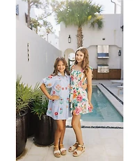 J.Marie Big Girls Elaine Floral Print Tie Strap Ruched Tiered Dress