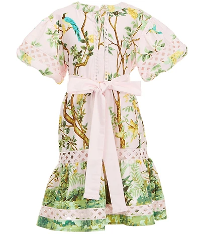 J.Marie Big Girls Luna Embroidered Short Puff Sleeve Button Front Tie Dress