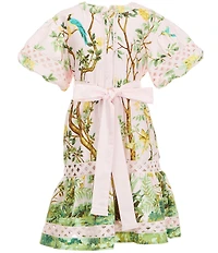 J.Marie Big Girls Luna Embroidered Short Puff Sleeve Button Front Tie Dress