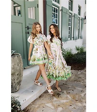 J.Marie Big Girls Luna Embroidered Short Puff Sleeve Button Front Tie Dress