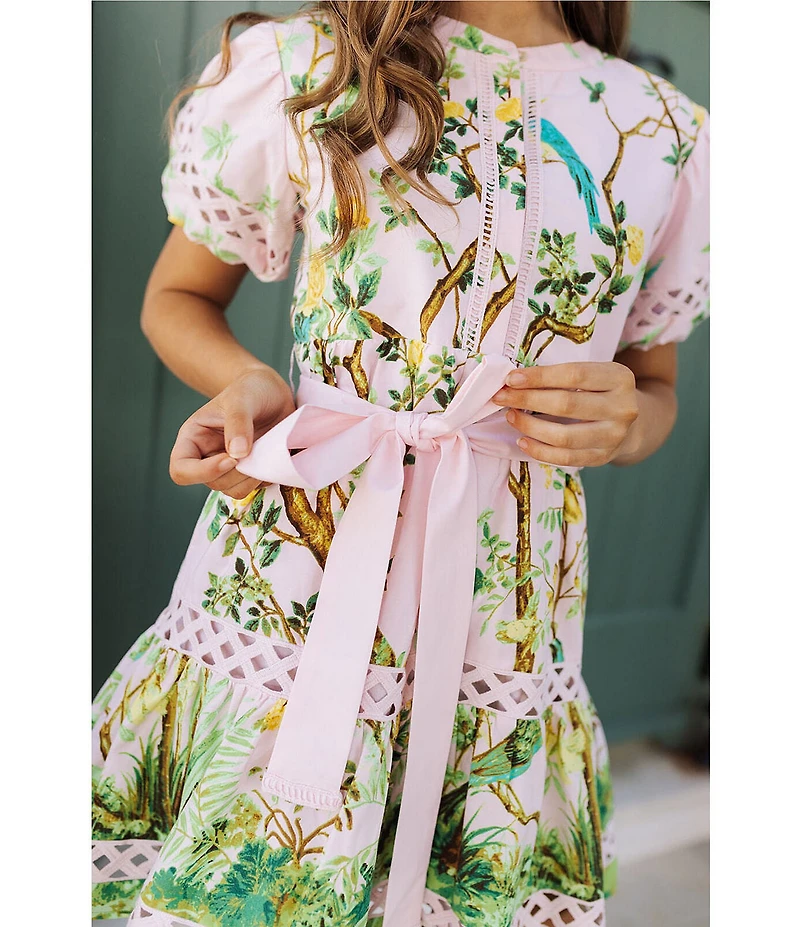 J.Marie Big Girls Luna Embroidered Short Puff Sleeve Button Front Tie Dress