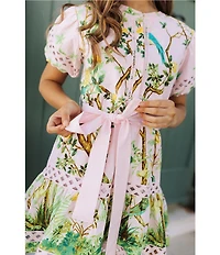 J.Marie Big Girls Luna Embroidered Short Puff Sleeve Button Front Tie Dress