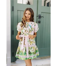 J.Marie Big Girls Luna Embroidered Short Puff Sleeve Button Front Tie Dress