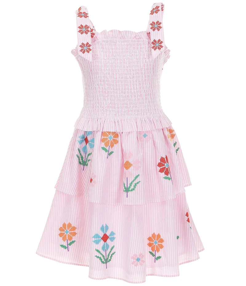 J.Marie Big Girls Piper Stripe Floral Print Tie Strap Ruched Tiered Dress